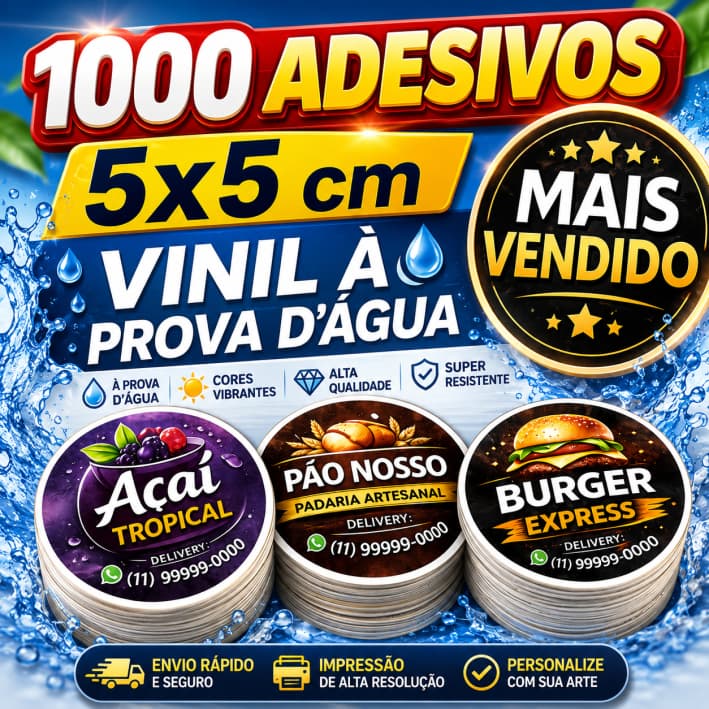 1000 Adesivos Personalizados 5x5 cm Vinil à Prova D'água | Etiquetas para Sacolas Lembrancinhas Embalagens Açaí Brindes