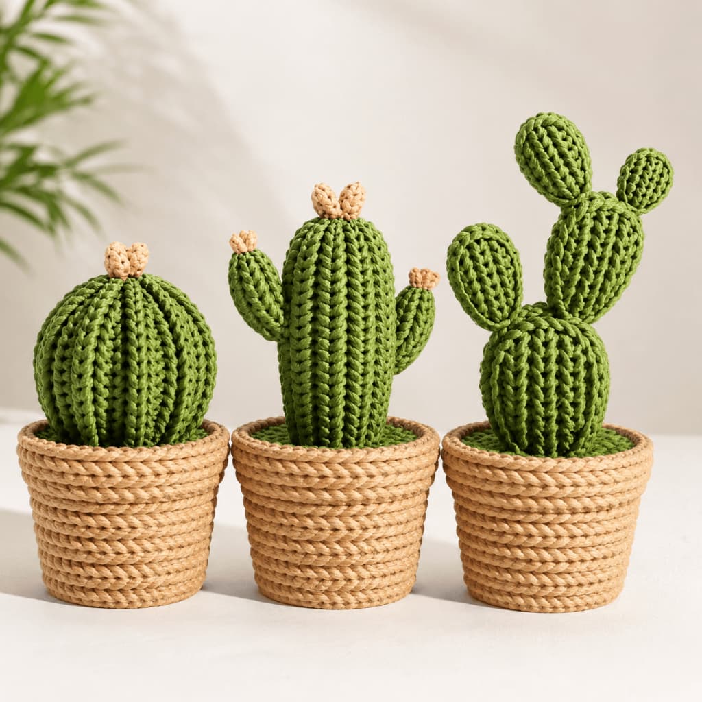 Kit 3 Cactos Decorativos Efeito Tricô para Sala Escritório Quarto Mesa Decoração Moderna