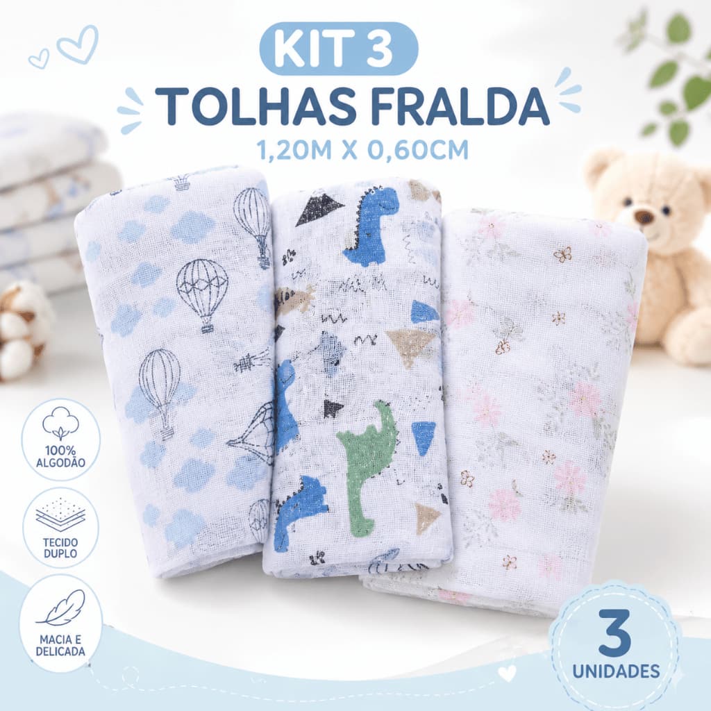 Kit 3 Toalha Fralda Bebê Estampada Enxoval Algodão