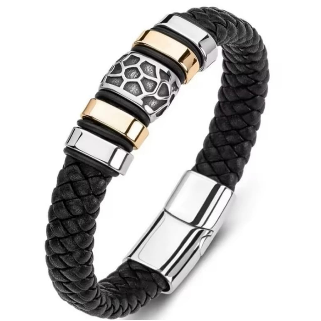 Pulseira De Couro Legítimo Masculino + Aço Inox