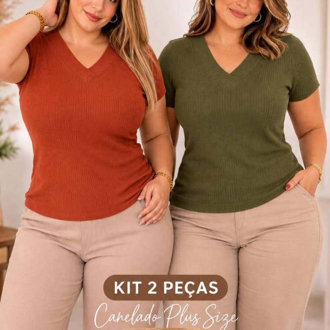 KIT -2 Blusa Feminina Canelada Plus Size G ao G3 – Manga Curta