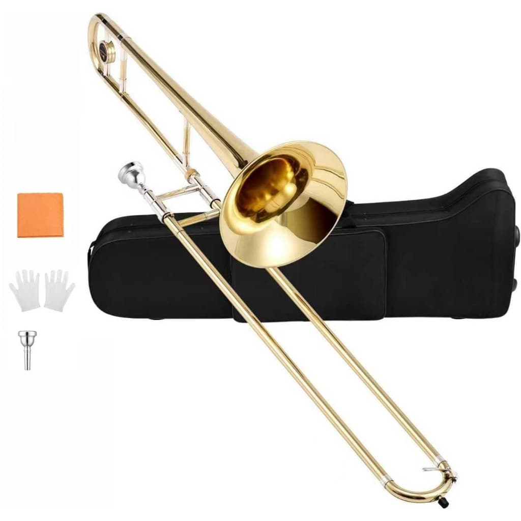 Trombone tenor em Si bemol para iniciantes, instrumento de latão banhado a Si bemol com bocal, luvas brancas e kit