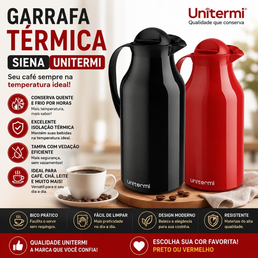 Garrafa Térmica Café 1 Litro Unitermi Siena Conserva Quente e Frio Chá Leite Preta Vermelha