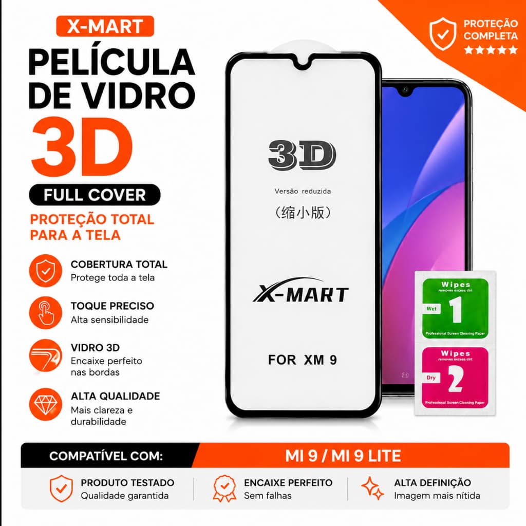 Película Mi 9 Normal/ Mi 9 Lite Vidro 3D Full Cover Tela Inteira Alta Proteção Premium X-Mart