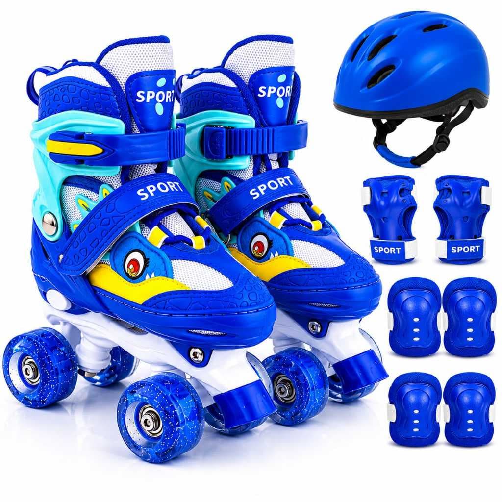 Patins Dinossauro Azul 4 Rodas Com Rodas Led + Kit Proteção