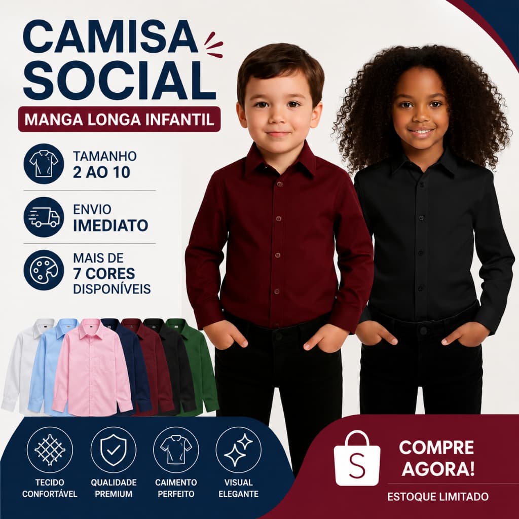 Camisa Social Infantil Unissex Manga Longa Elegante Tam 2 a 10 - Envio Imediato !!!