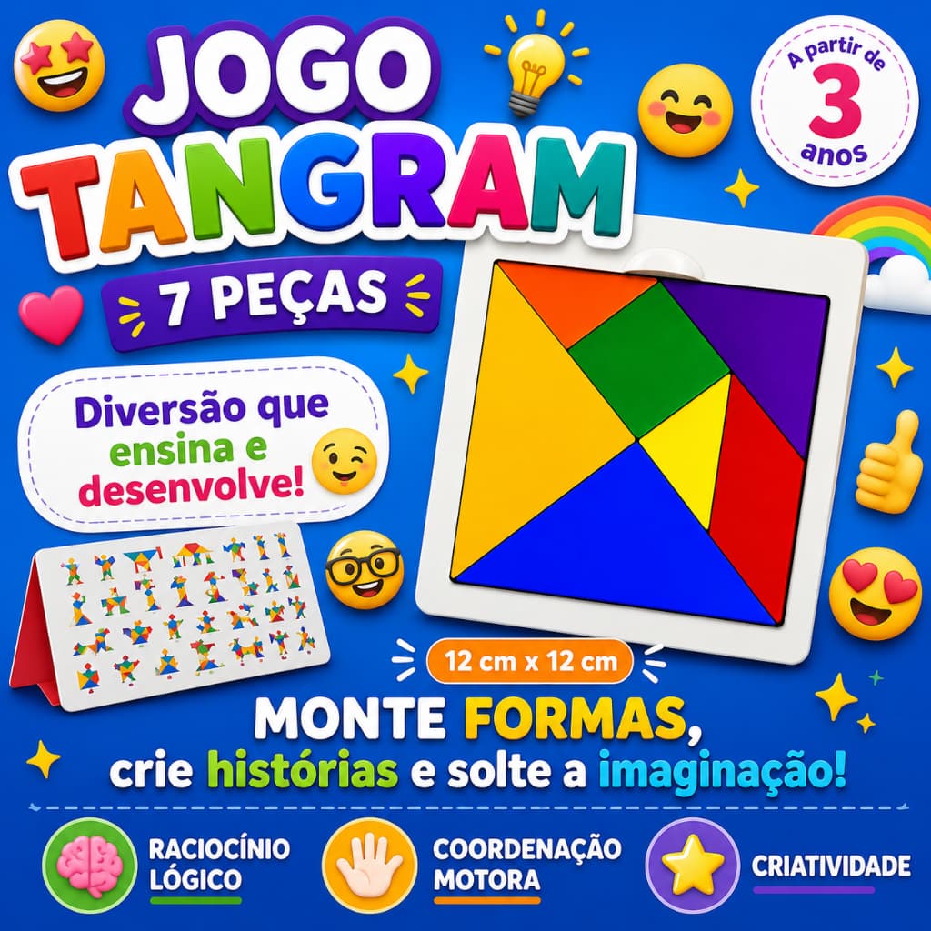 Tangram Infantil Educativo Em MDF Colorido | Quebra-Cabeça Pedagógico Montessori 7 Peças