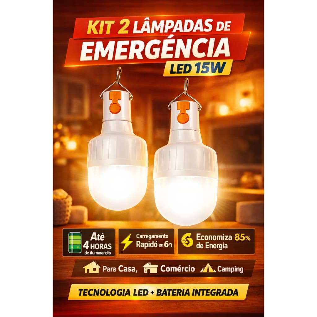 Kit 2 Lâmpada de Emergência LED 15W Acende na Falta de Energia Bivolt 110-240V Autonomia 4h