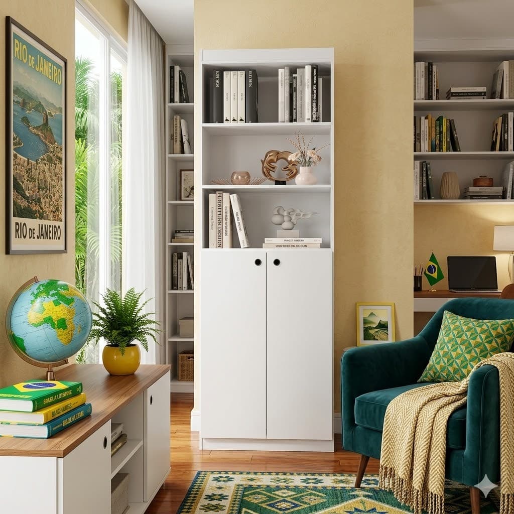 Full Livreiro Estante Organizador Livro Gold Luxo Quarto 2 Módulo 5 Prateleira Com Portas Branco