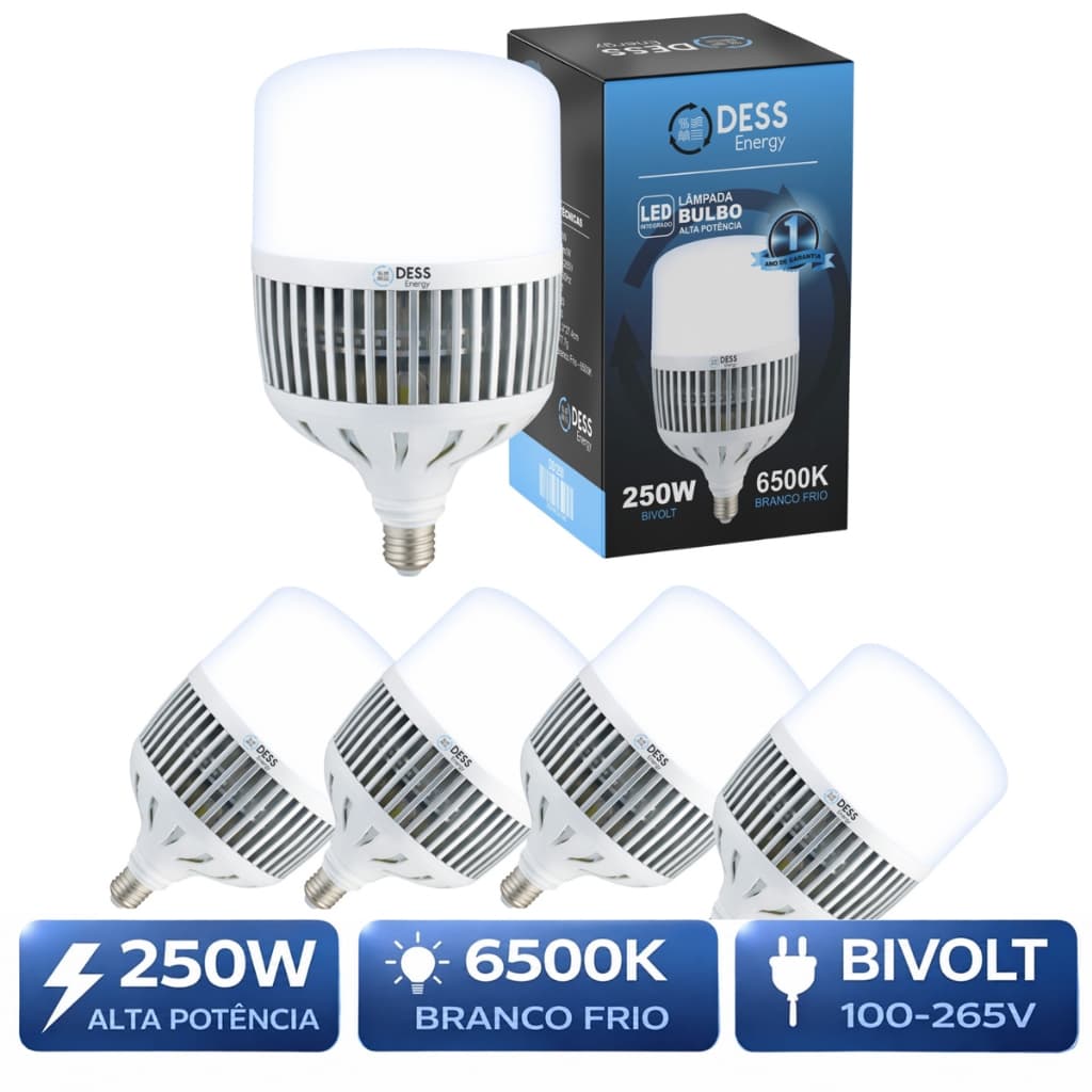 Kit 5 Lâmpadas LED 250W Super Potente Branco-Frio Bivolt E27 + Adaptador E40