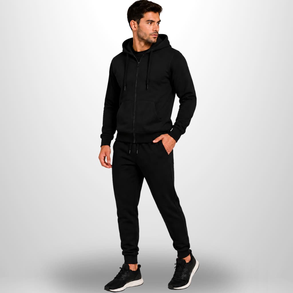 Conjunto Moletom Raglan Masculino com Zíper e Calça Preta Flanelado Inverno