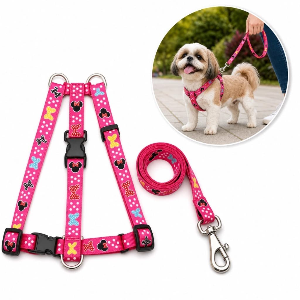 Peitoral Coleira Guia Ajustavel Seda Cachorro Grande Passeio Modelo Minnie Mouse Rosa
