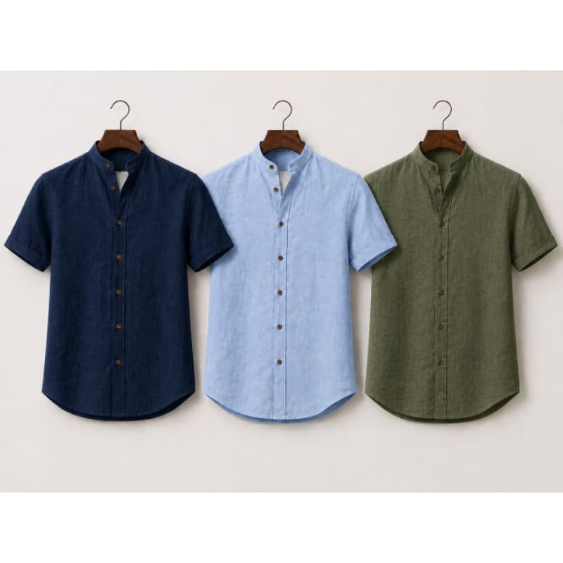 Kit 3 Camisas Masculinas Gola Padre Tecido Linho Casual Elegante