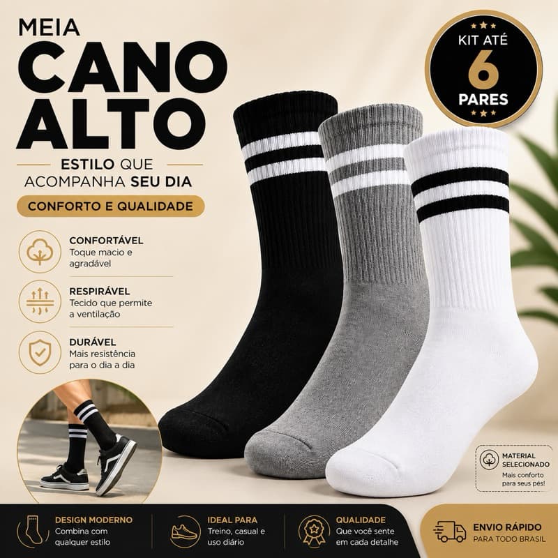 Meia Cano Alto Moderna Com 1 Até 6 Pares