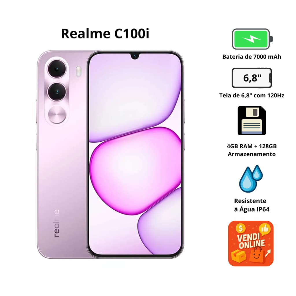 Smartphone Realme C100i NFC 128/256GB Tela 6.8" 120Hz Bateria 7000mAh Dual Chip Android 16