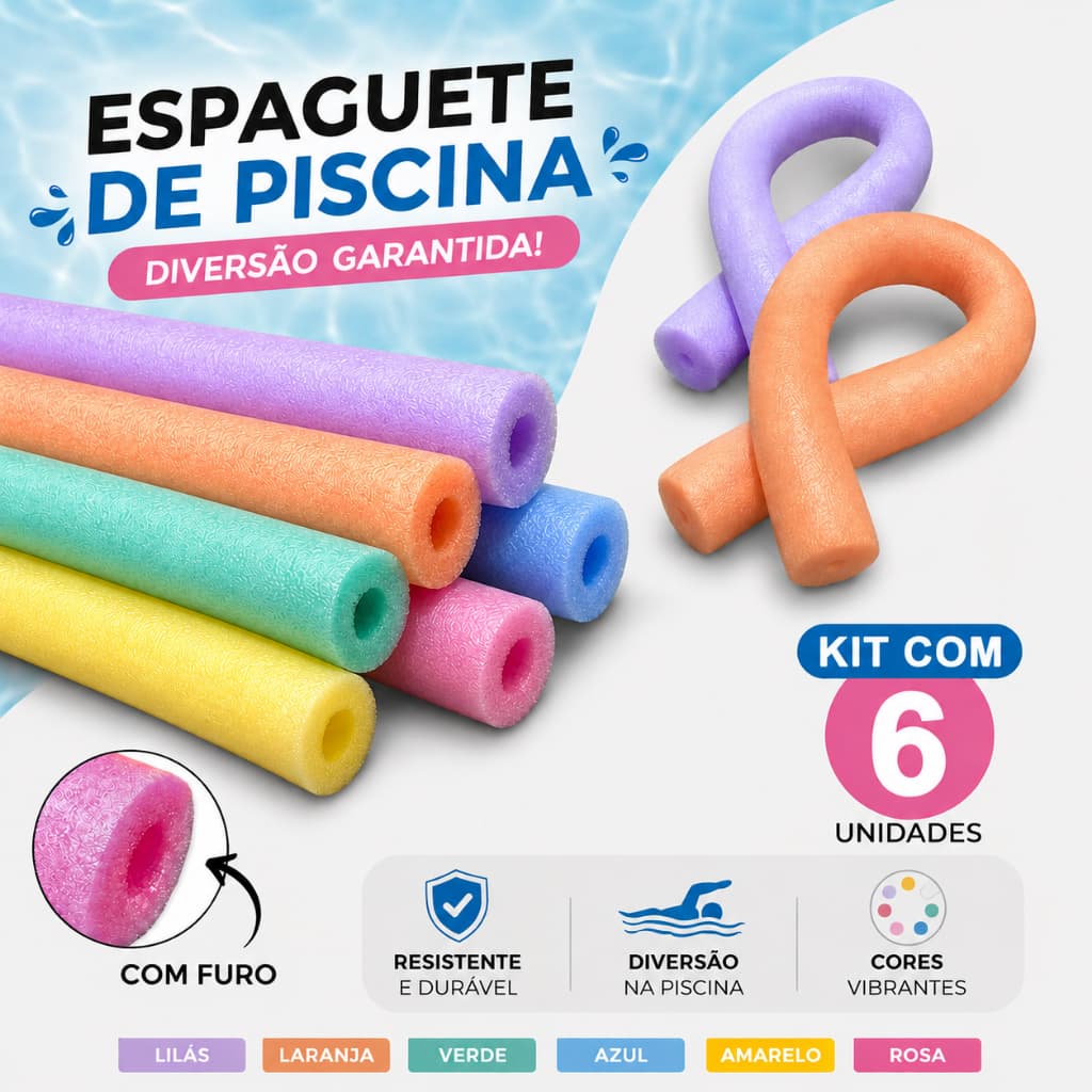 Kit 6 Boias Espaguete Piscina Infantil Adulto Macarrão Flutuador Furo Coloridos Viagem
