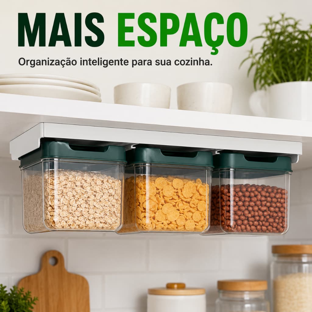 Kit 3 Potes Herméticos 900ml com Suporte Organizador Suspenso Tampa Verde Mantimentos