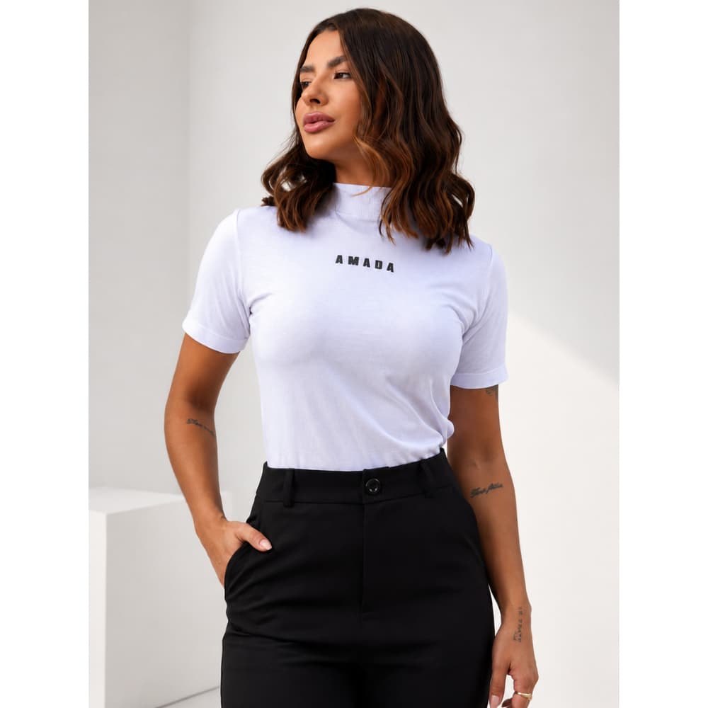T-Shirt Gola Alta Feminina Blusa Moda Blogueira Casual Camiseta Básica Algodão