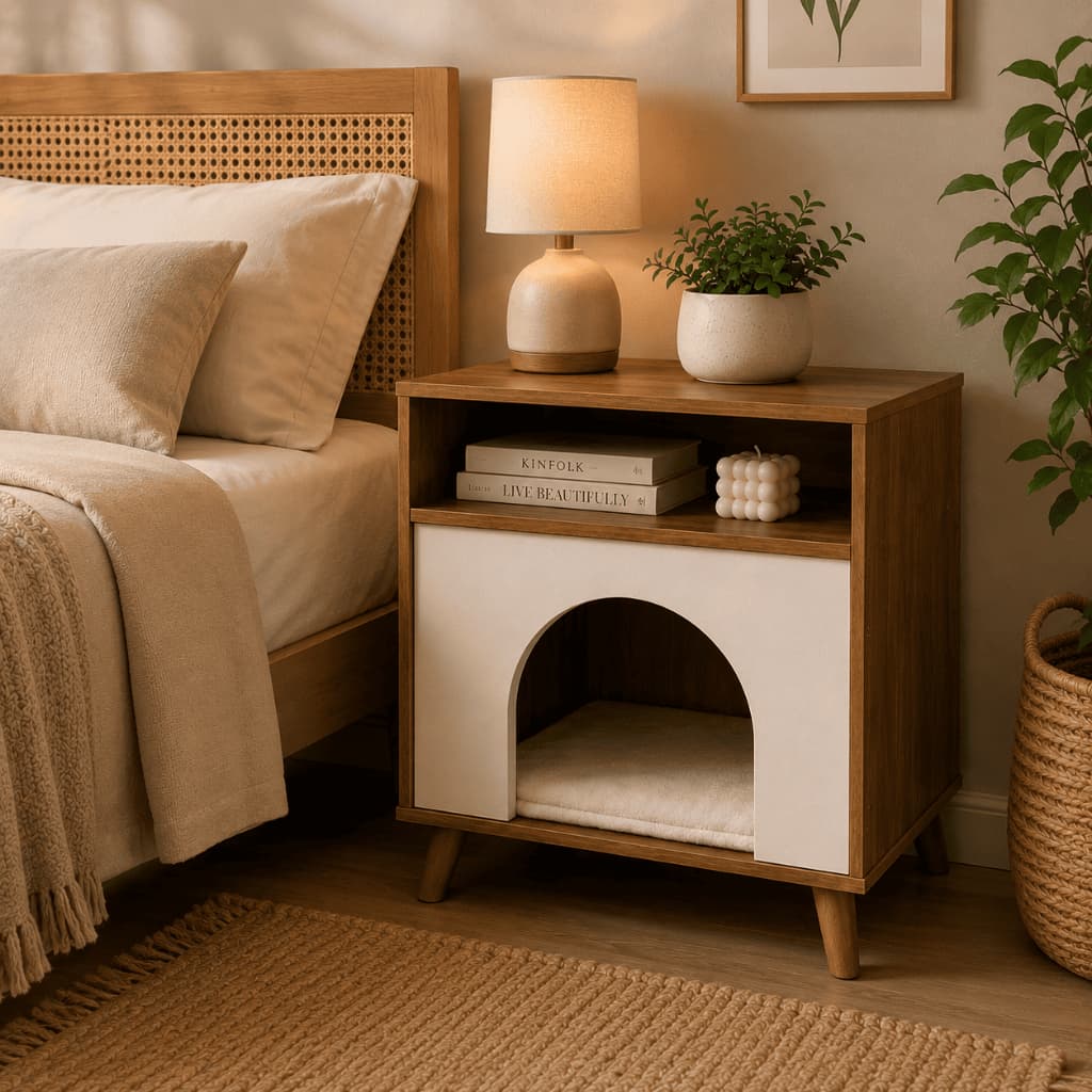 Mesa De Cabeceira Retrô Off White Nicho Pet Porta Cama Cachorro Gato Multiuso Móvel Decorativo Luxo