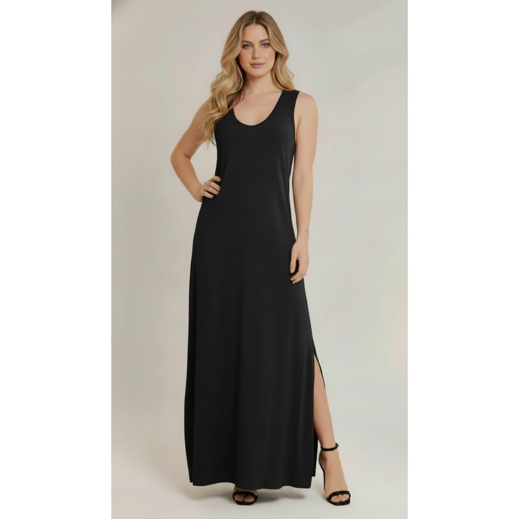 Vestido Longo Feminino Regata Viscolycra com Fenda Lateral Soltinho Casual Elegante Confortável