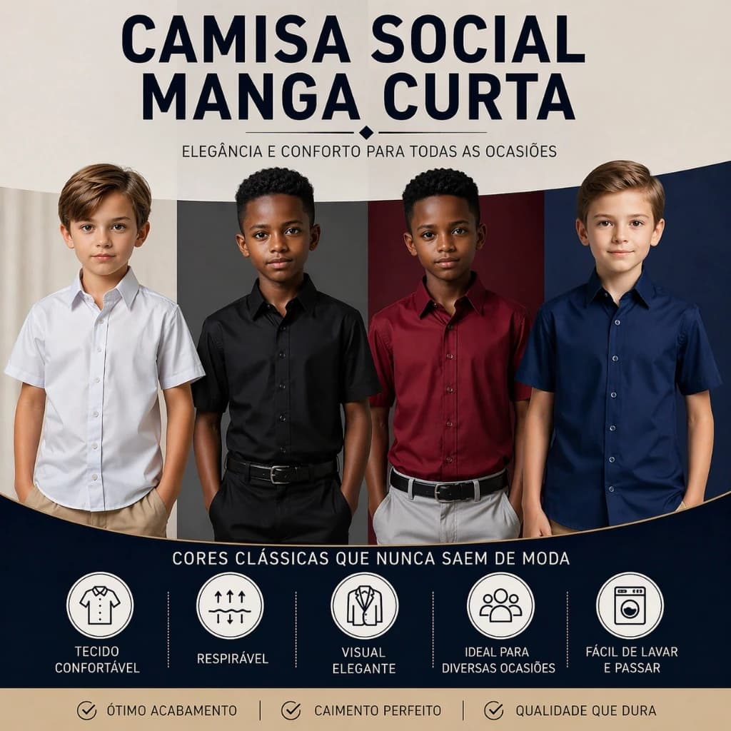 Camisa Infantil Social Manga Curta Premium Confortável Diversas Cores - Envio Imediato !!!