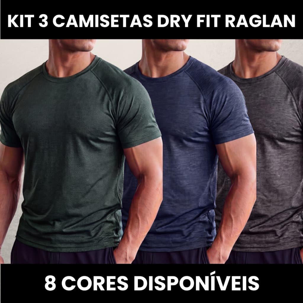 Kit 3 Camisa Dry Fit Raglan Masculina Manga Academia Treino Não Transpira Elastano