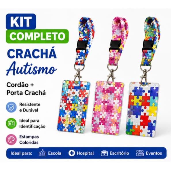 Kit Crachá Autismo Quebra-Cabeça com Cordão e Porta Crachá Vertical Para Professores Escola Hospital
