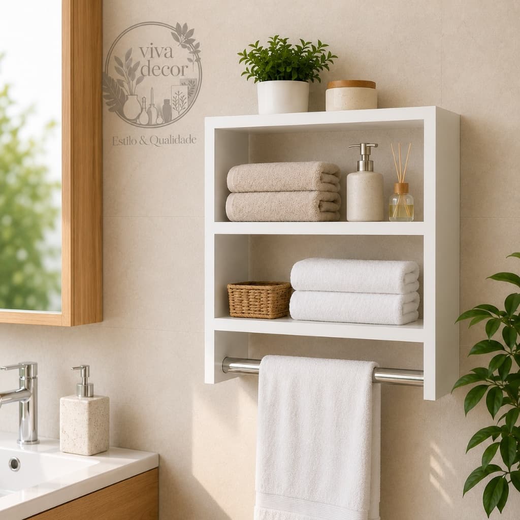 Nicho Para Banheiro com Suporte de Toalha - Prateleira de Parede Organizador Branco MDF, Multiuso