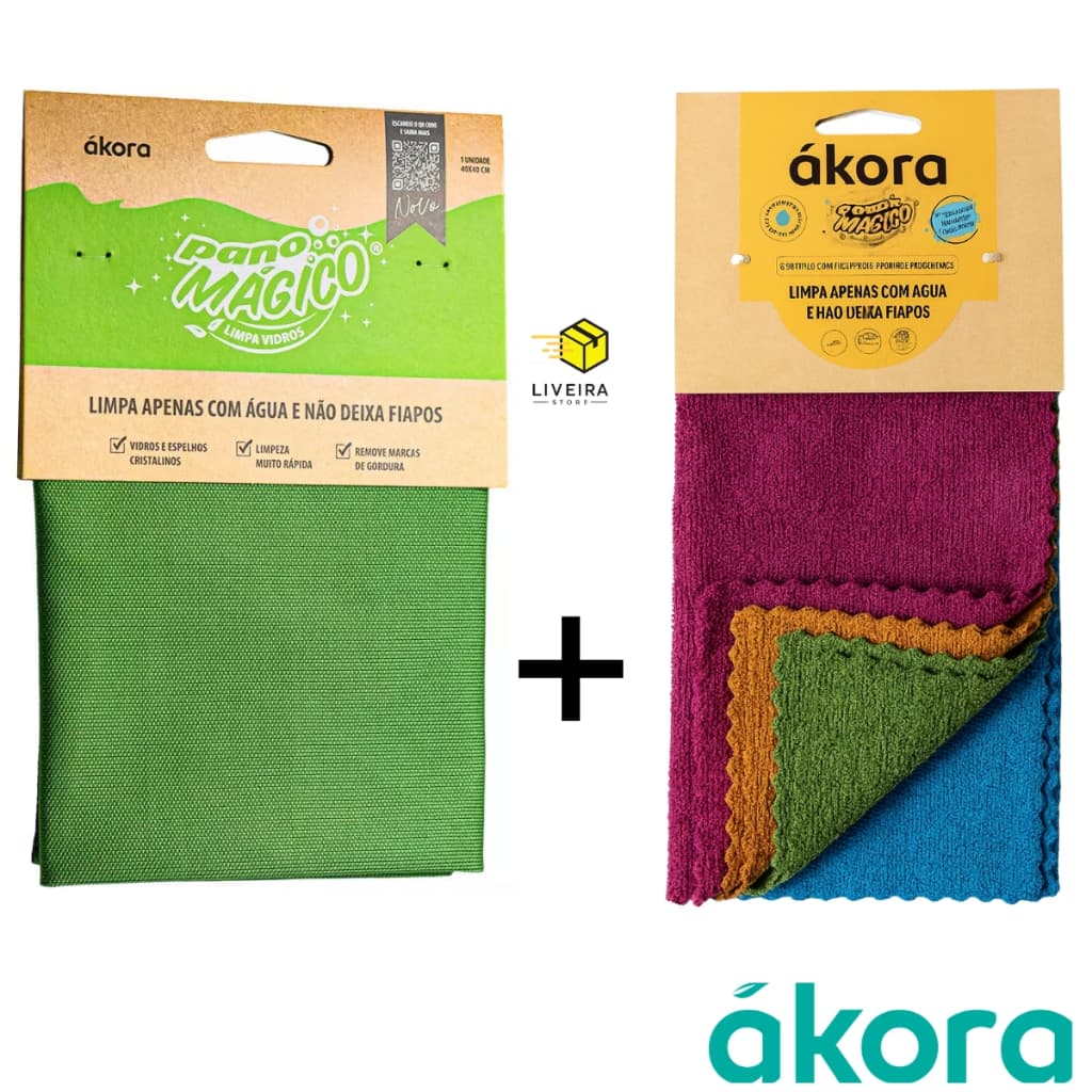 Kit 1 Pano Mágico Ákora Limpa Vidro 40x40cm + 4 Panos Uso Geral 30x30cm Sem Costura Ákora