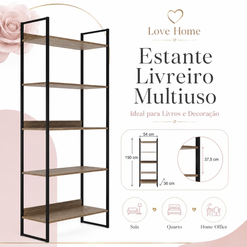 Estante 5 Prateleiras Madeira E Metal Preto Industrial Alta Decorativa Premium