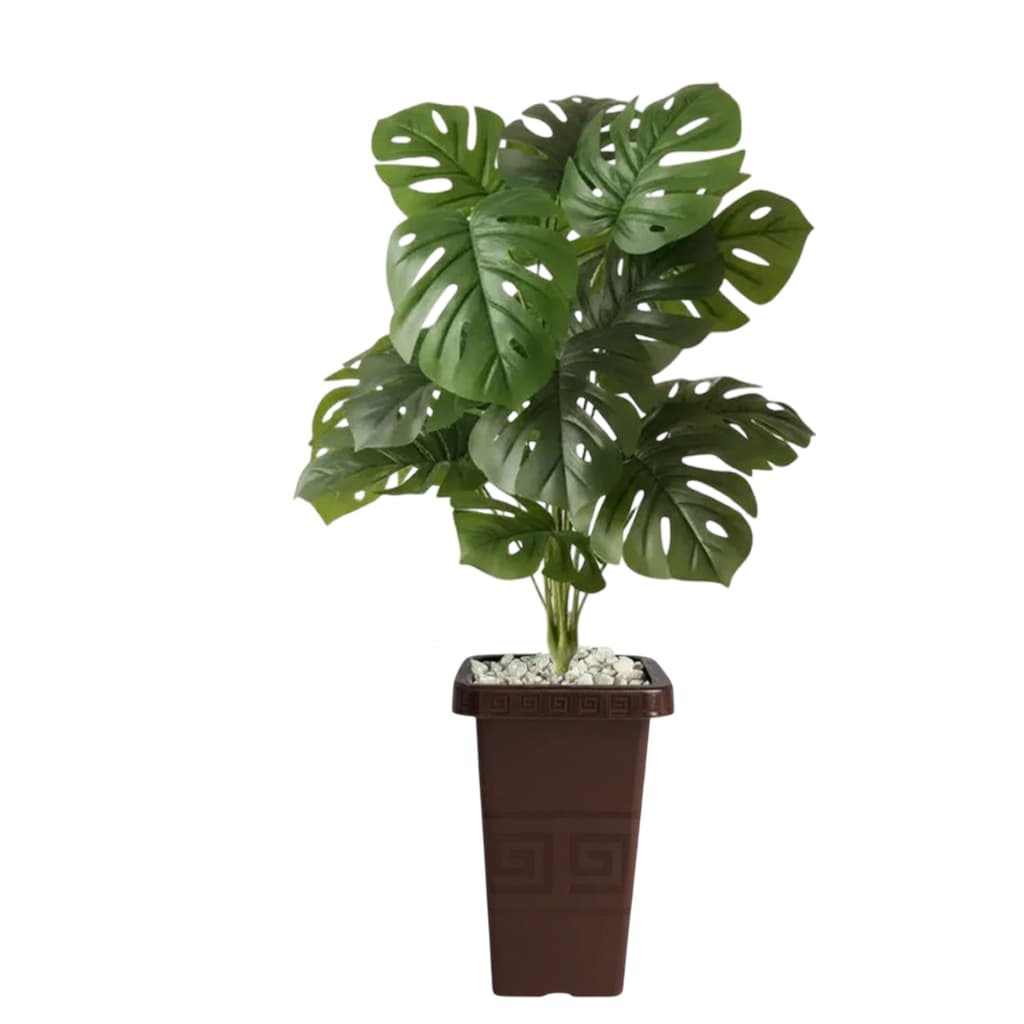 Planta Artificial Flores Costela de Adão + Vaso Decorativo Grande Rattan Decoração Enfeite Sala Casa