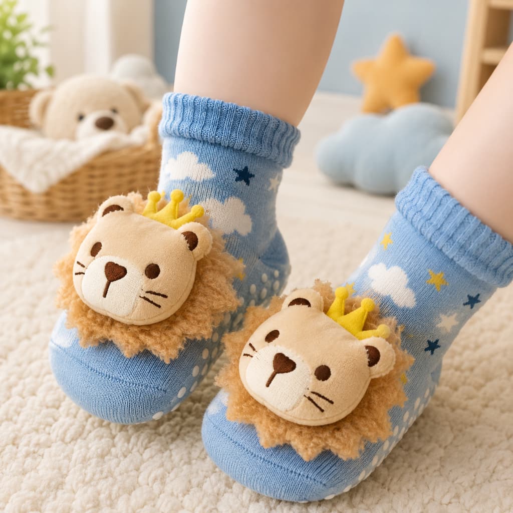 Kit 1, 3 ou 5 Pares Meia Infantil Bebê Pantufa 3D Bichinho Antiderrapante RN Menino Menina