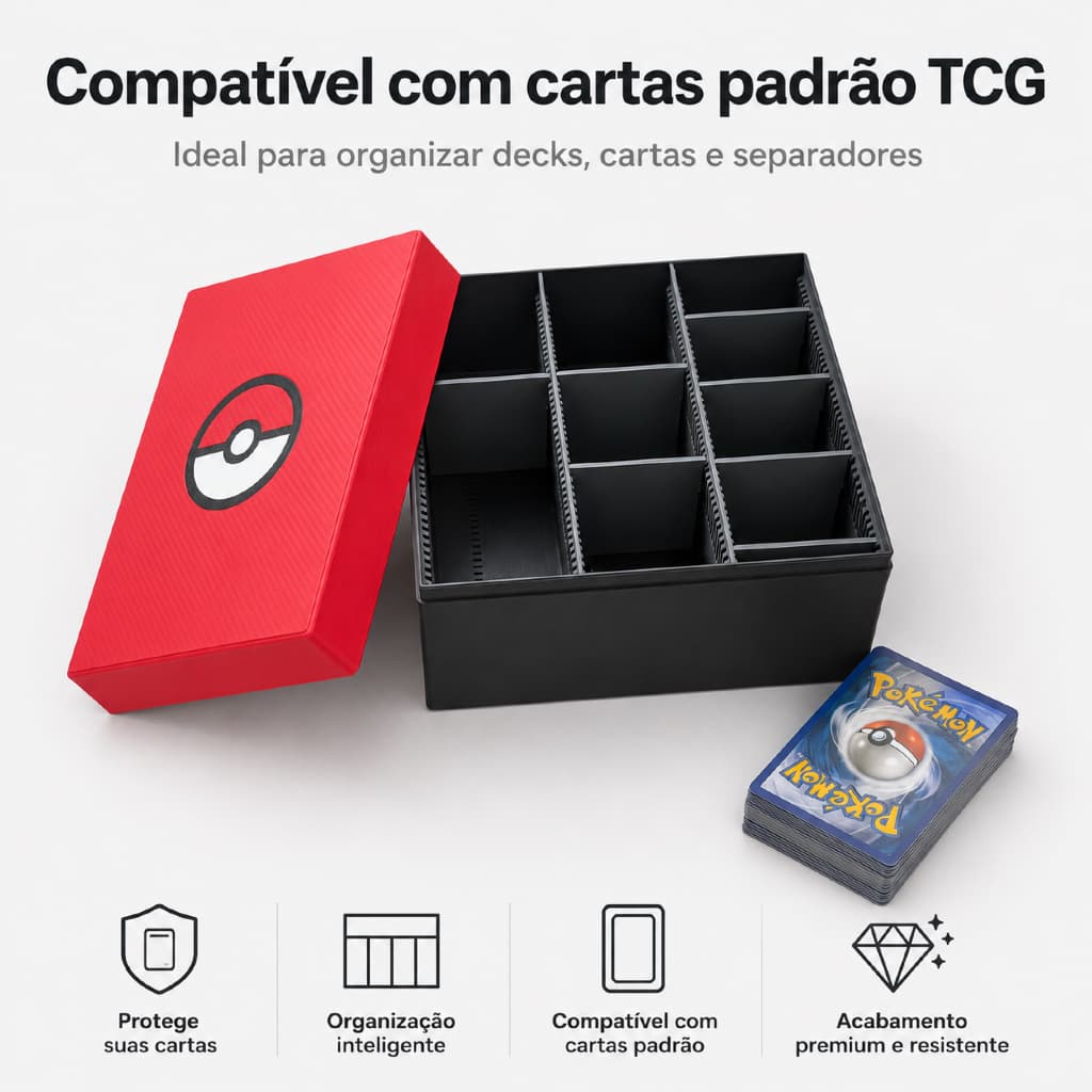 Caixa Organizadora para Cartas Pokémon TCG com Tampa e Divisórias Ajustáveis – Deck Box Grande