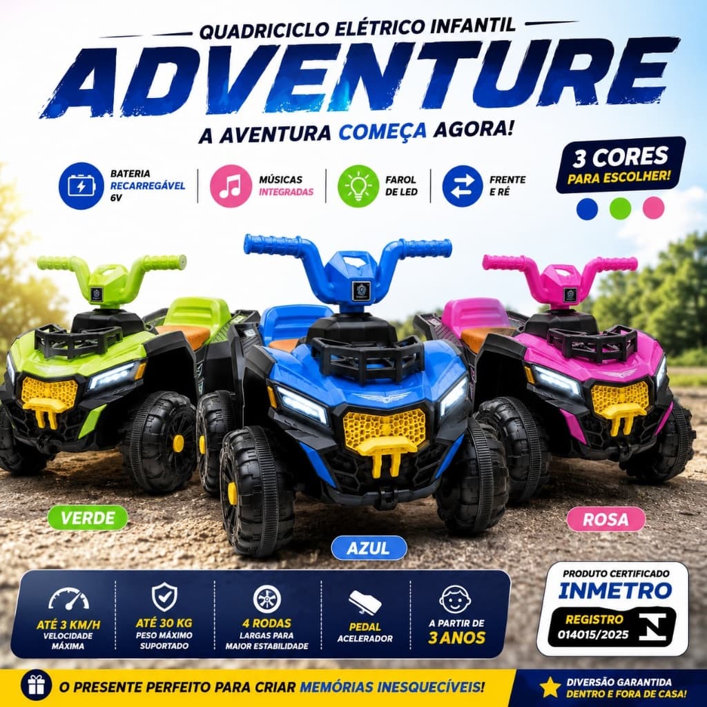Quadriciclo Infantil Elétrico Adventure 6V Recarregável LED Música Até 30kg