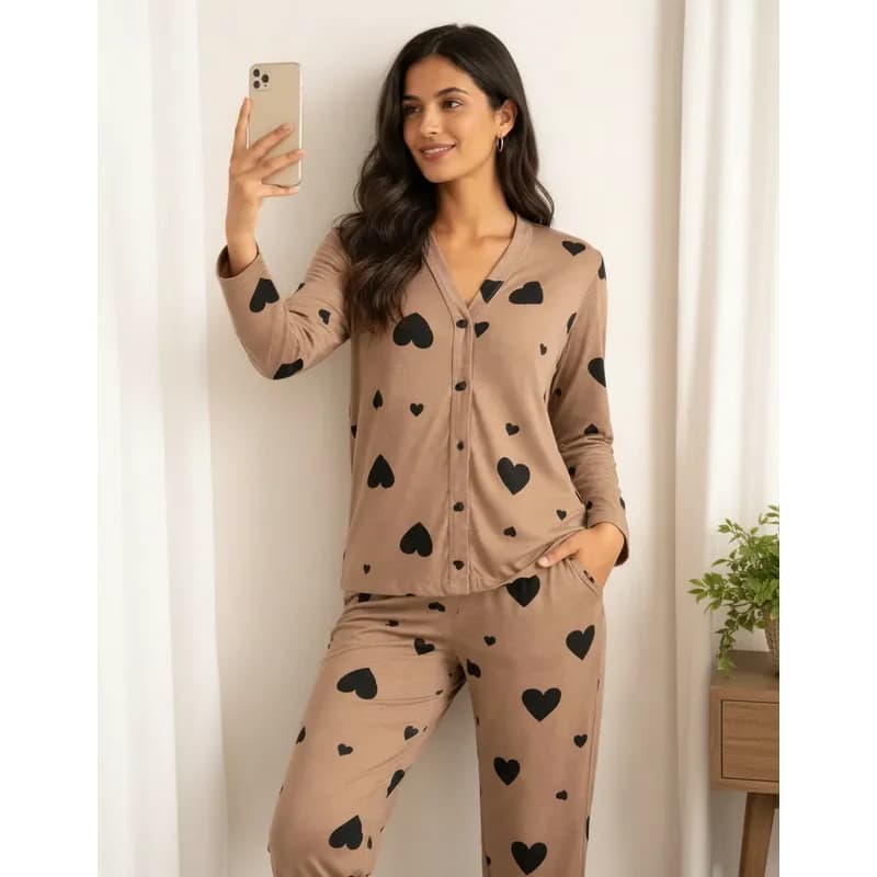 Pijama Americano Feminino Adulto Inverno Calça e Blusa Gola V de Frio Com Botões Amamentação Malha
