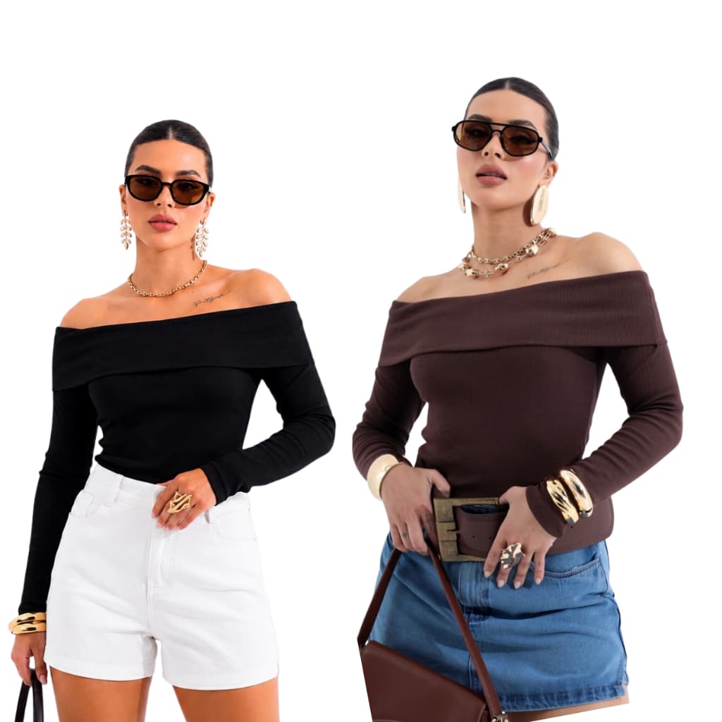 Kit 2 Blusas Feminina Manga Longa Babado Ribana em Algodão Casual inverno ombro a ombro