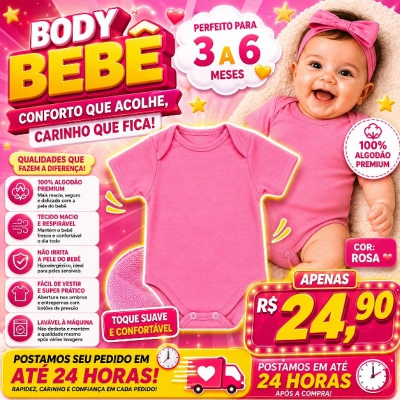 🩷Body Bebê Rosa Brilhante Manga Curta Menina Confortável 3-6 Meses🩷