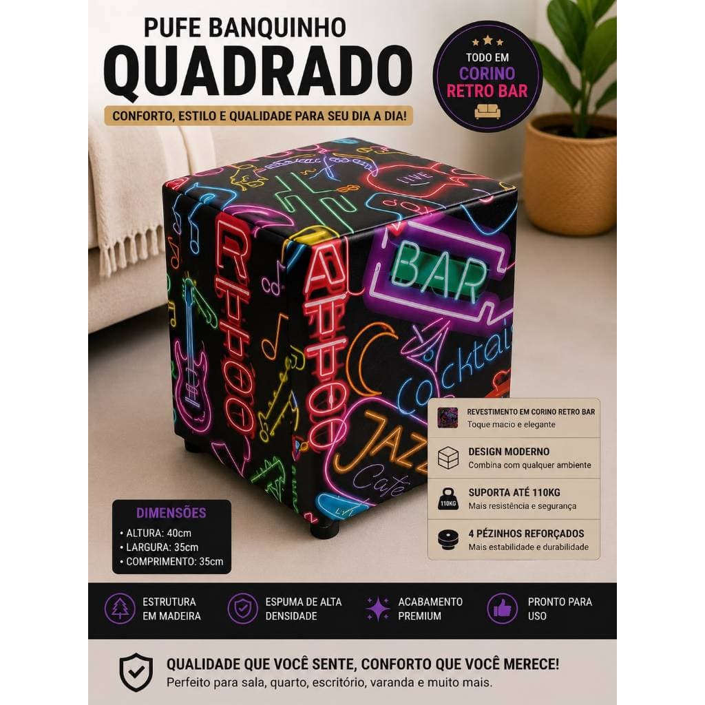 Puff Banquinho Quadrado Retro Bar Reforçado Decorativo Sala Quarto Escritório