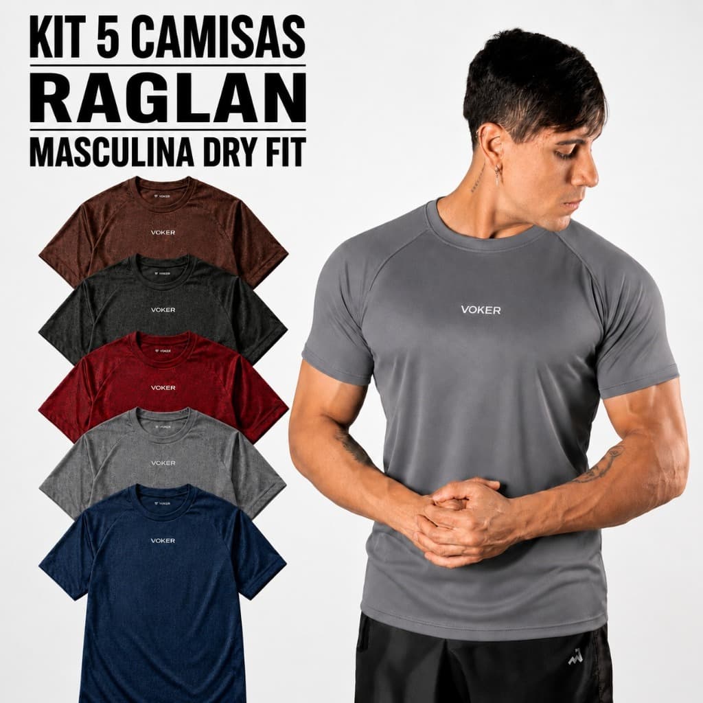 Kit 5 Camisas Masculina Dry Fit Raglan Proteção Uv 50+ Térmica Voker Original - Promoção !