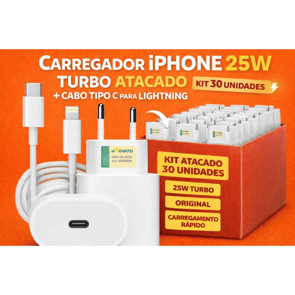 Kit 30 Carregadores Lehmox USB-C + Cabo Lightning Compatível com iPhone |  Atacado Promoção - Entrega Rápida