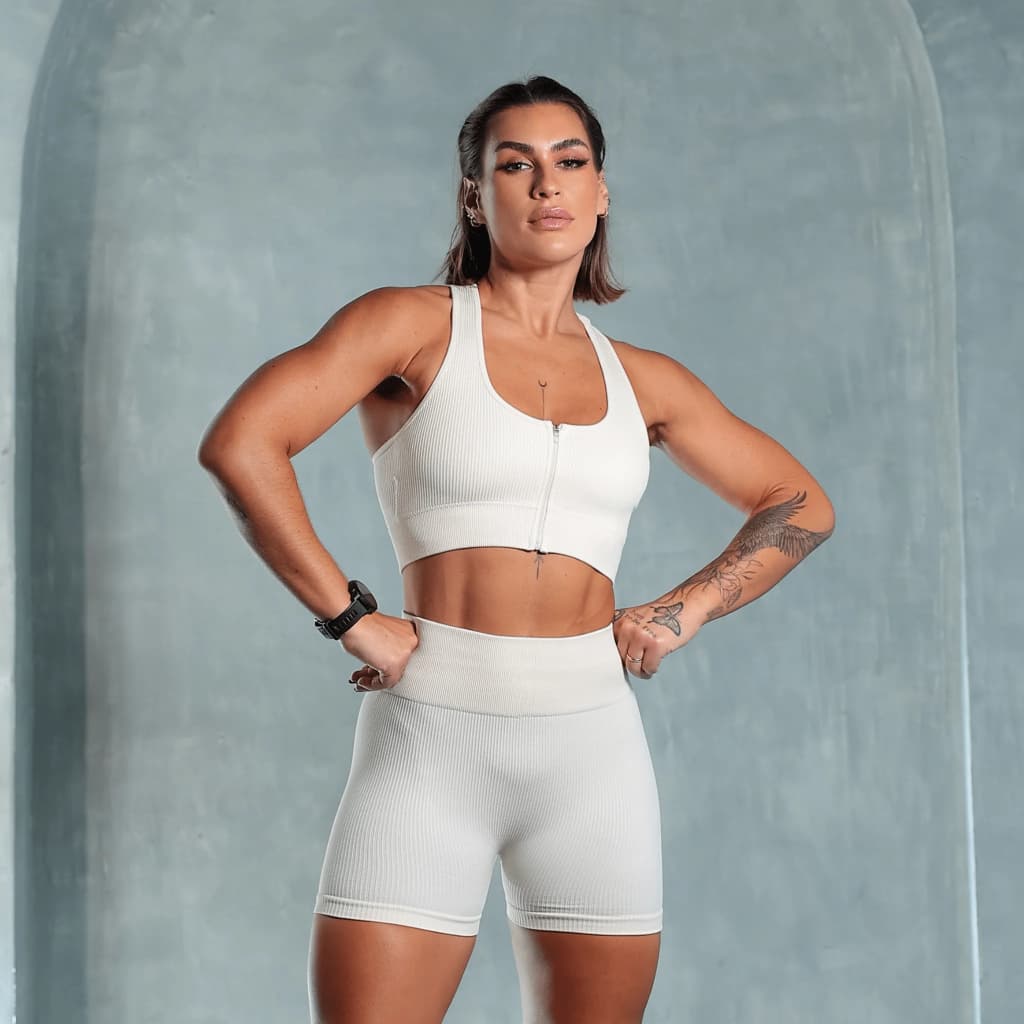 Conjunto Academia Feminino Shorts Fitness Cropped com Zíper Cintura Alta Treino