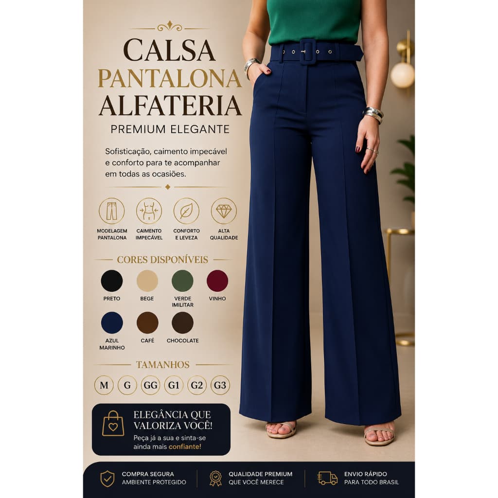 Calça Pantalona Alfaiataria Premium Com Bolso  e Cinto Forrado Cintura alta
