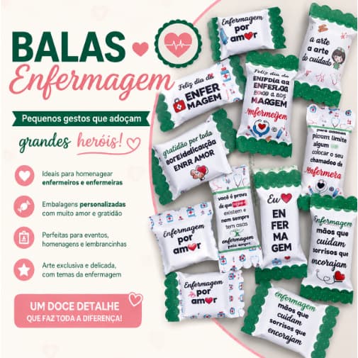 Kit 50, 100 ou 200 Balas para mimos para clientes - Tema: Enfermagem