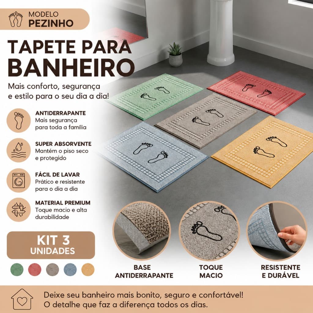 Jogo 3 Tapetes De Banheiro Kit 100% Algodão Antiderrapante
