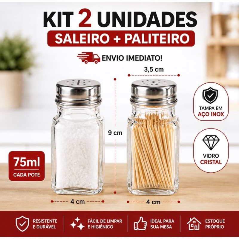 Kit 2 Und Saleiro e Paliteiro de Vidro 70ml Tampa Inox Ideal Mesa e Cozinha Bar Restaurante