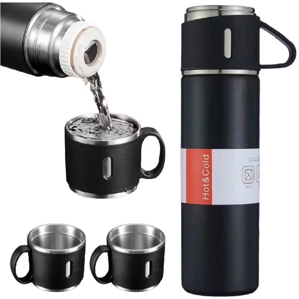 Caneca Kit Garrafa Térmica Vacuum Bottle Inox 500ml + 3 Xícaras Bebidas Fria ou Quente