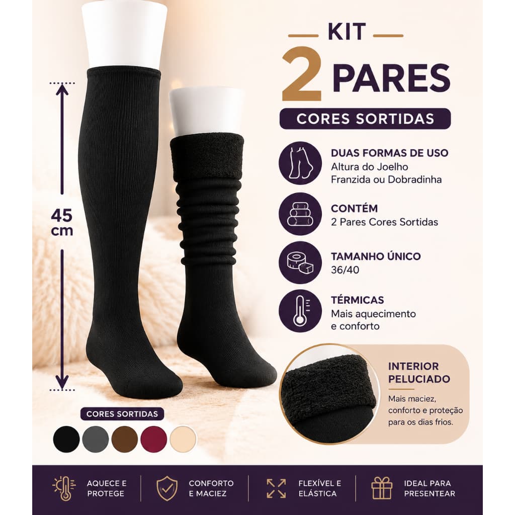 Kit 2 Pares Meia Térmica 3/4 Grossa Frio Forrada 45cm Longa Unissex