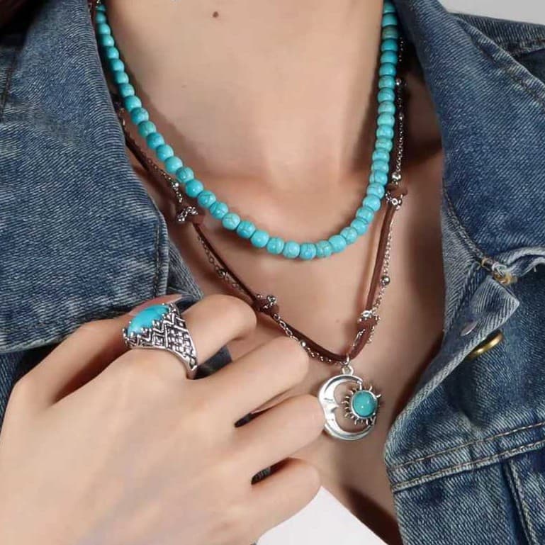 Colar Feminino Multicamadas com Contas Turquesa | Conjunto Boho Chic, Retrô Vintage e Fashion