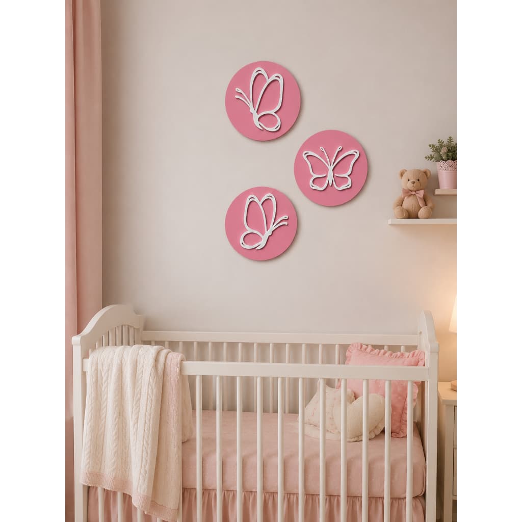 Trio Quadros Decorativos Redondos Infantil - Borboletas - Rosa - Kit 3 Peças 12x12cm MDF 3mm