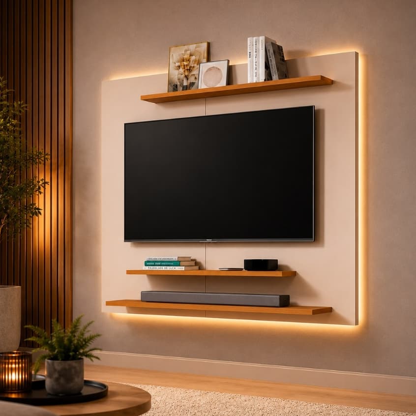 Painel de TV Até 40 Polegadas Dubai Liso Branco ou Preto com Prateleiras Sala Quarto